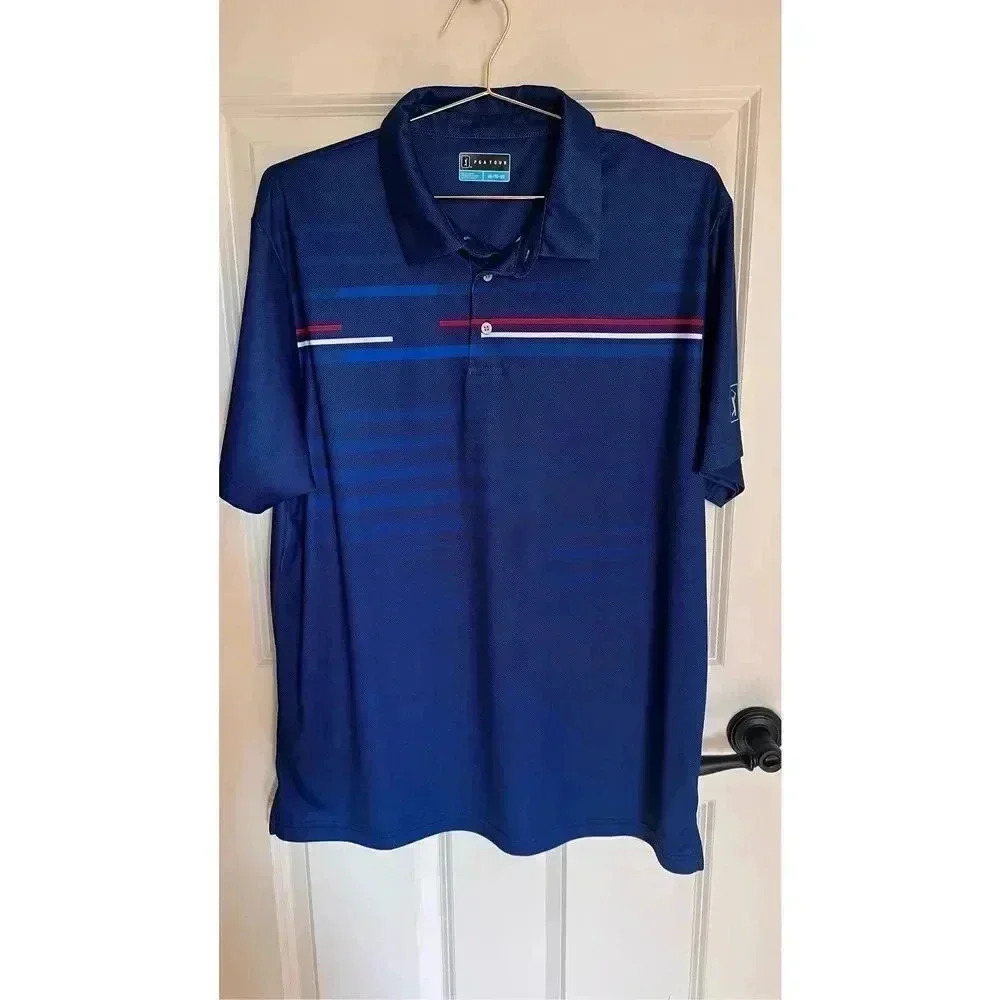 PGA Tour Men’s XL Golf Breathable‎ Blue Striped Polo Shirt Short Sleeve
